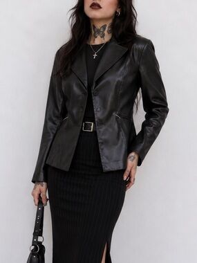 Dawn Joy 1990s Vintage Satin Black Blazer